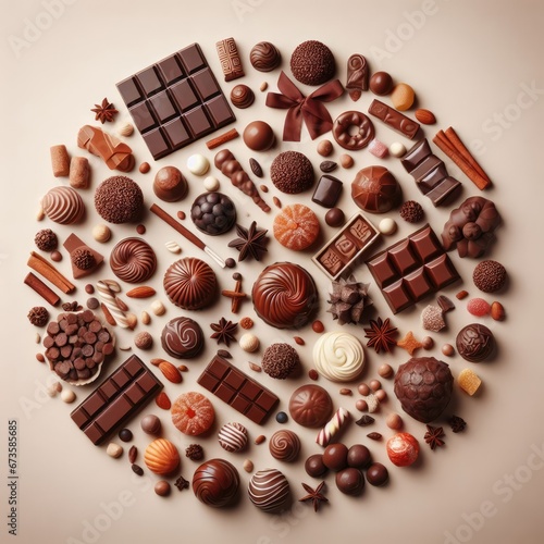 Various types of chocolate candies and bars arranged in a circular pattern on a light beige background