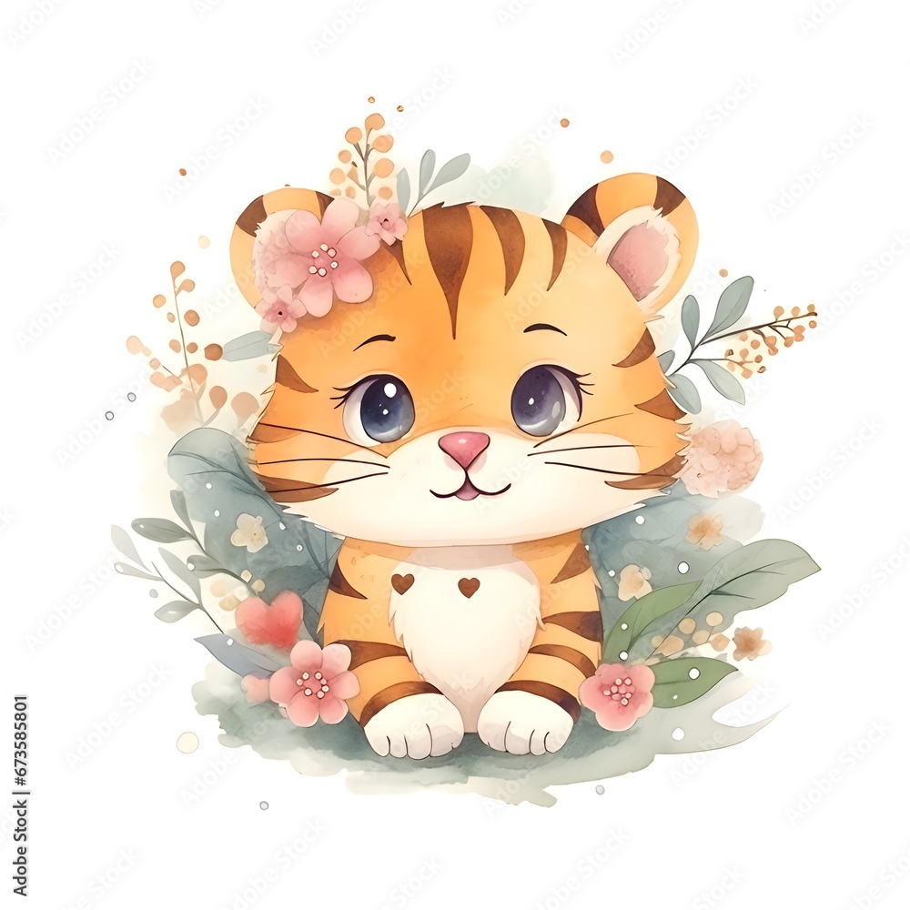 AI generated illustration of a cute tiger adorned with flowers on the white background AI generated illustration of a cute tiger adorned with flowers on the white background
