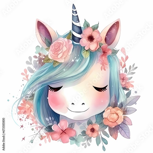 AI generated illustration of a unicorn with vibrant blue hair adorned with flowers