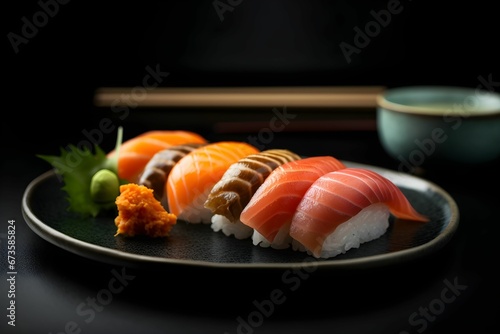 sushi on a plate next to a bowl with sauce
