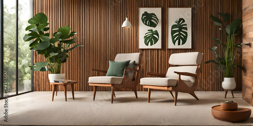 Lounge chair near wood paneling wall between potted houseplants. modern living room.