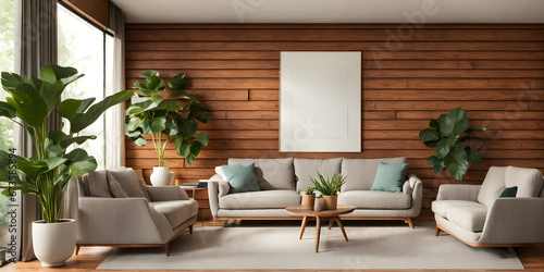 Lounge chair near wood paneling wall between potted houseplants. modern living room.