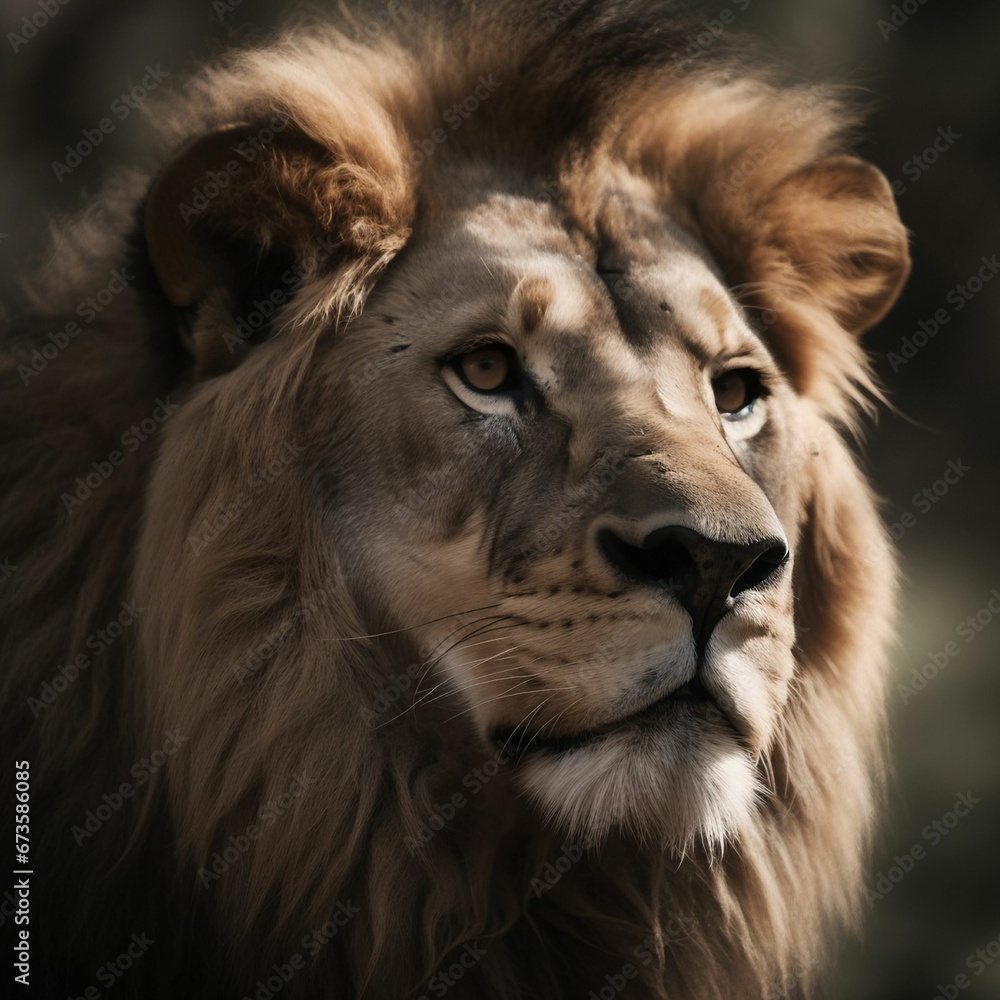 AI generated illustration of a closeup portrait of a lion in a savanna