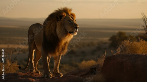 AI generated illustration of a majestic male lion standing confidently in a vast grassy field
