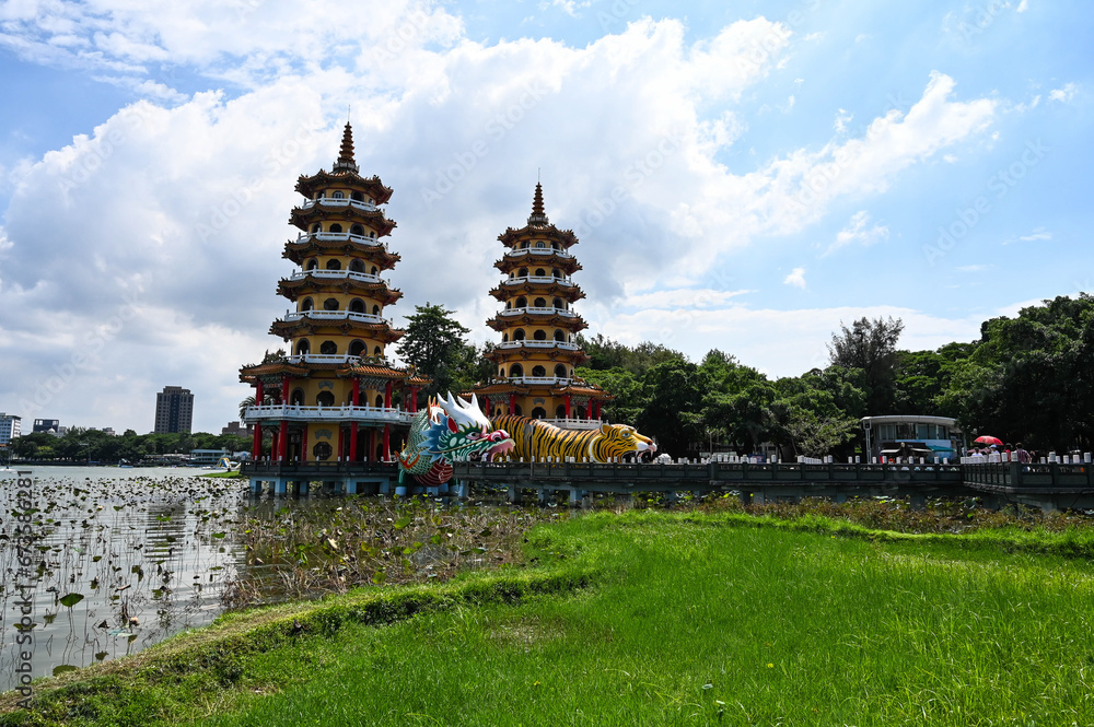 Kaohsiung, Taiwan - OCT 16, 2021: .Dragon and Tiger Pagodas famous building in southern Taiwan.