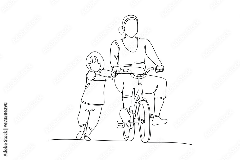Continuous one line drawing Happy Parents with her child riding bike together. Outdoor leisure activities concept. Doodle vector illustration. Continuous one line drawing Happy Parents with her child riding bike together. Outdoor leisure activities concept. Doodle vector illustration.