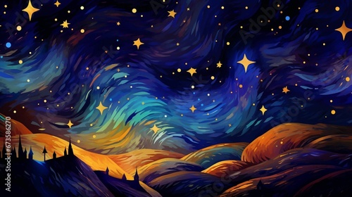 AI generated illustration of Christmas night sky with stars over hills photo