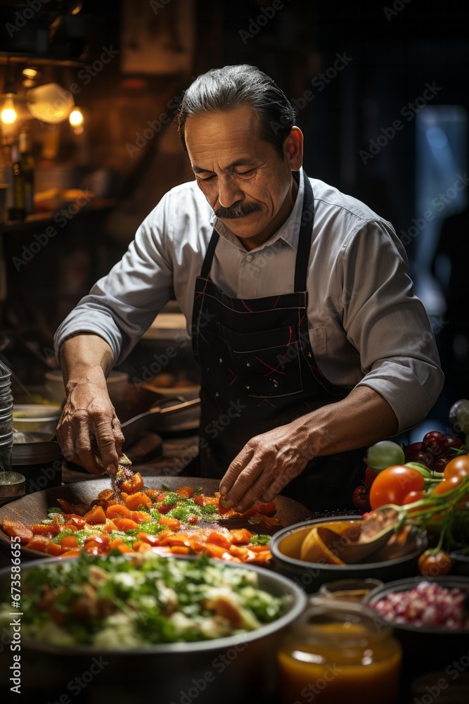 Chef preparing a classic Mexican dish, such as mole, in a traditional kitchen, Generative AI