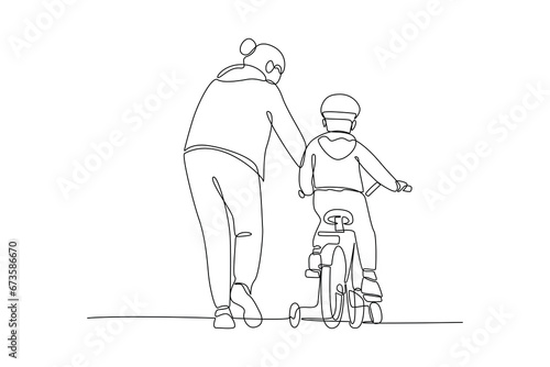 Continuous one line drawing Happy Parents with her child riding bike together. Outdoor leisure activities concept. Doodle vector illustration.