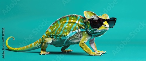 A full body chameleon wearing sunglasses on a solid color background.