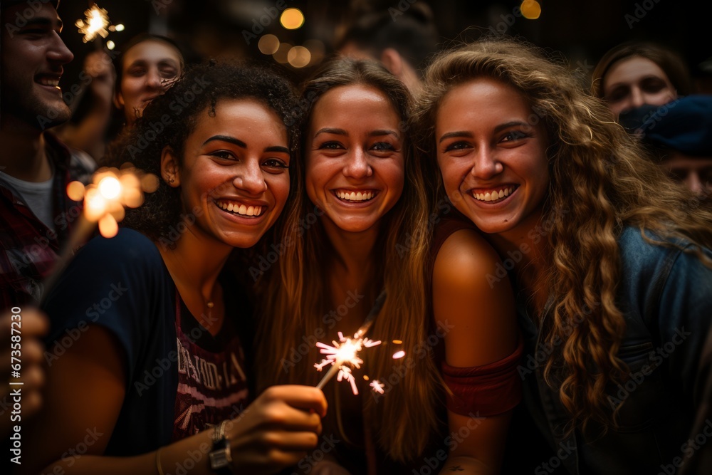 Group of friends celebrating with sparklers at a Fourth of July festival, Generative AI