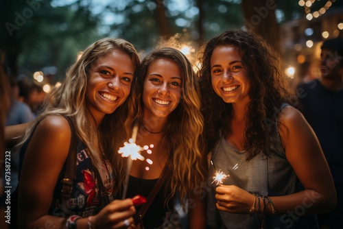 Group of friends celebrating with sparklers at a Fourth of July festival, Generative AI