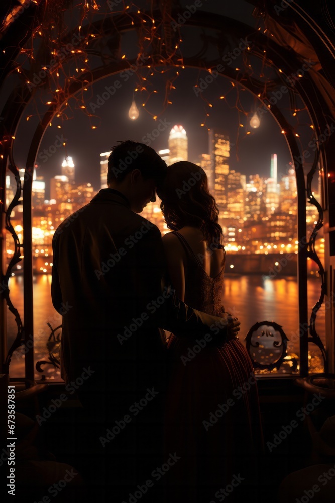 Couple sharing a romantic moment on a ferris wheel with the city skyline in the background, Generative AI