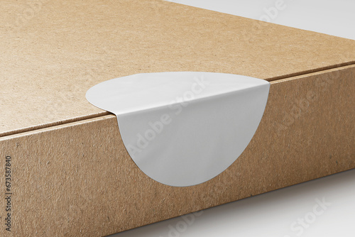 peeled and crumpled round circle sticker label tag glued on kraft cardboard brown packaging paper realistic mockup 3d rendering illustration