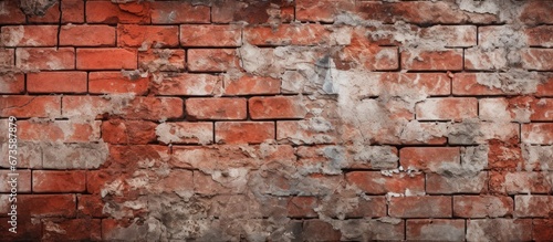 The brick wall with its cracked and chipped surface displays a rough texture
