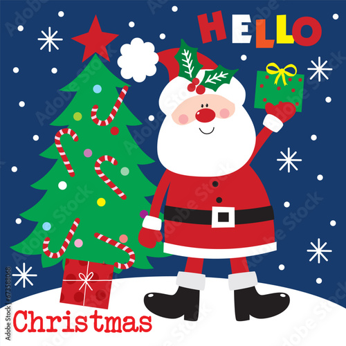 Cute Santa Claus with Christmas Tree and gifts