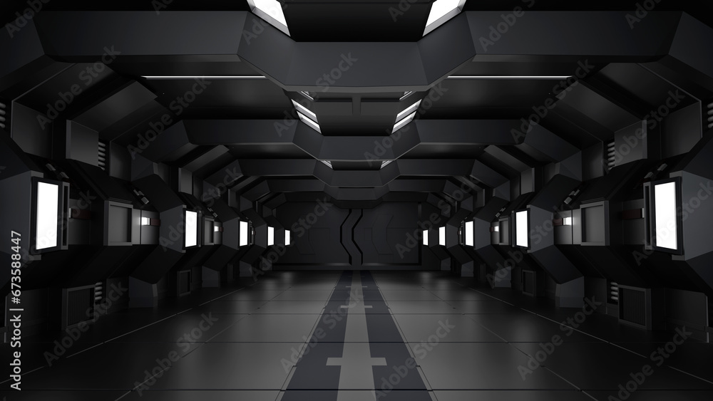 Inside spaceship or space station interior, Sci-Fi tunnel, corridor with empty space, 3D rendering