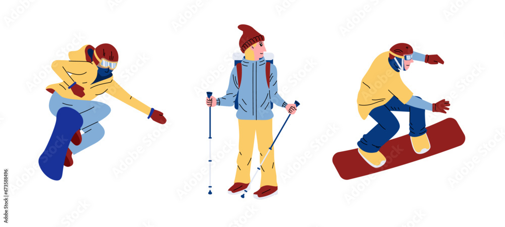 Fototapeta premium female hiker character hiking with winter suits and men snowboarding character for element and sticker decoration on social media design. winter activity concept