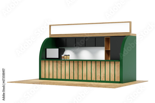 Mini coffee shop cafe booth kiosk with counter coffee machine, refrigerator and menu board, green and wood, 3D rendering.