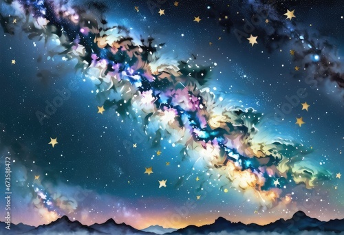 A seamless pattern of the Milky Way stretching across the night sky  dotted with gold foil constellations and fluffy watercolor clouds