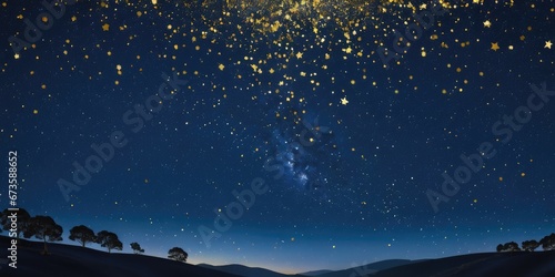 A starry night sky with gold particles scattered across a dark blue canvas