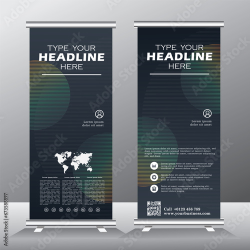 Roll up banner template design, roll up banner with dark background, banner layout, advertisement, pull up, polygon background.