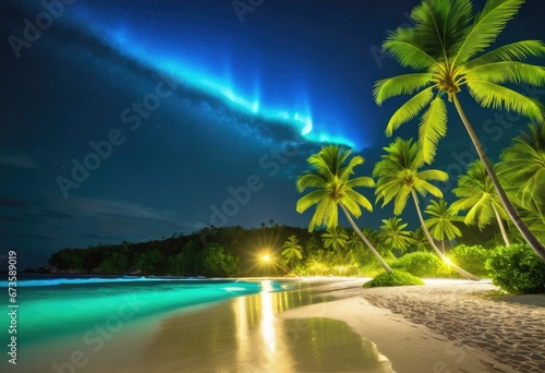 A tropical beach at night with glowing blue waves and green palm trees