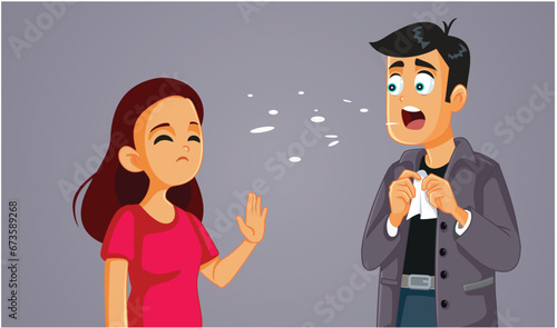 Man Spreads Viruses Sneezing At Woman Defending Herself Vector Cartoon. Careless person spreading infections left and right during epidemic crisis
