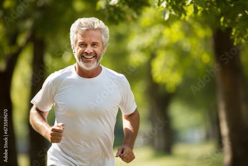 Joyful Senior Man Embracing Health in a Refreshing Morning Jog amidst Radiant Summer Beauty