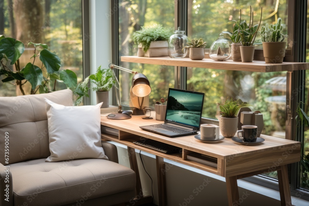 Sleek and organized home office setup for a productive webinar host, Generative AI Sleek and organized home office setup for a productive webinar host, Generative AI