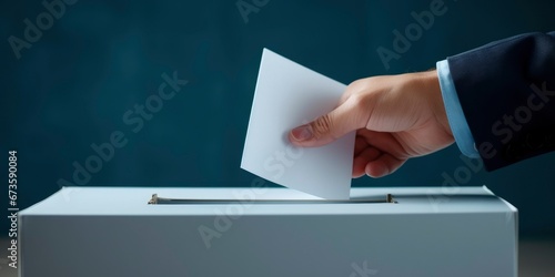 A man puts his vote into the ballot box. General election concept. Voter holds envelope 