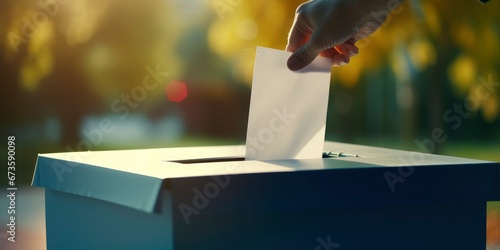 A man puts his vote into the ballot box. General election concept. Voter holds envelope 