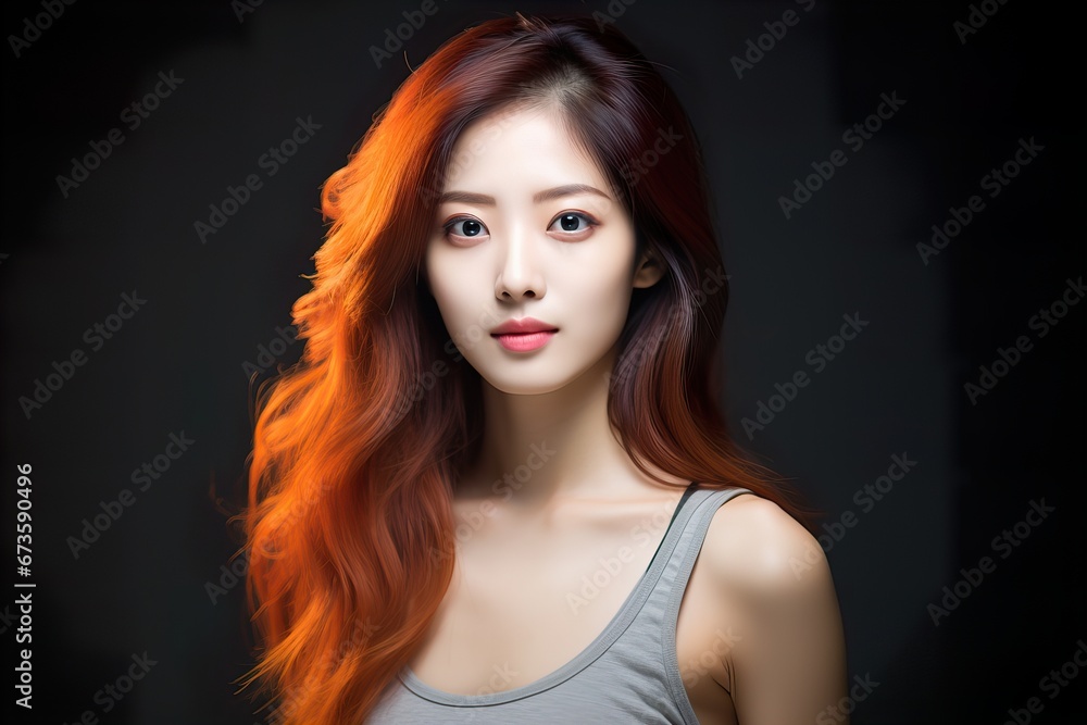Young Korean Woman with Striking Red Hair On Dark Background Young Korean Woman with Striking Red Hair On Dark Background