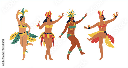 Set collection of female Brazilian samba dancers. Woman in carnival costume. Vector flat illustration