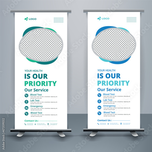 Modern healthcare and medical roll up design for hospital doctor clinic dental. standing banner template decoration for exhibition, printing, presentation, elegant layout.