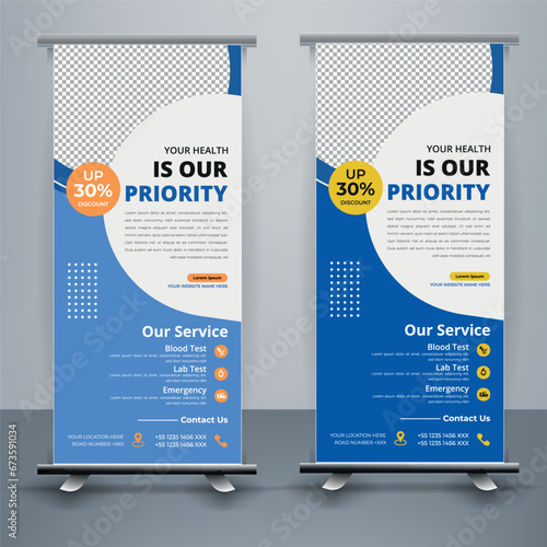 Modern healthcare and medical roll up design for hospital doctor clinic dental. standing banner template decoration for exhibition, printing, presentation, elegant layout.