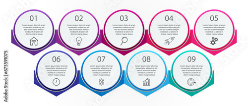 simple infographic design, 9 step infographics that are interconnected with icons, symbols, text combined with harmonious colors, good for your business presentation