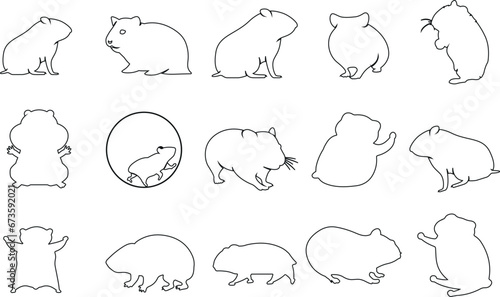  Hamster, line art vector illustration set, perfect for coloring books, children’s books, and design projects. Features 15 different hamster poses in black and white style.
