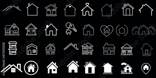 House, Real Estate, Vector, Icon Collection - 32 white house icons on black background. Perfect for real estate, home, property, construction, building related designs photo