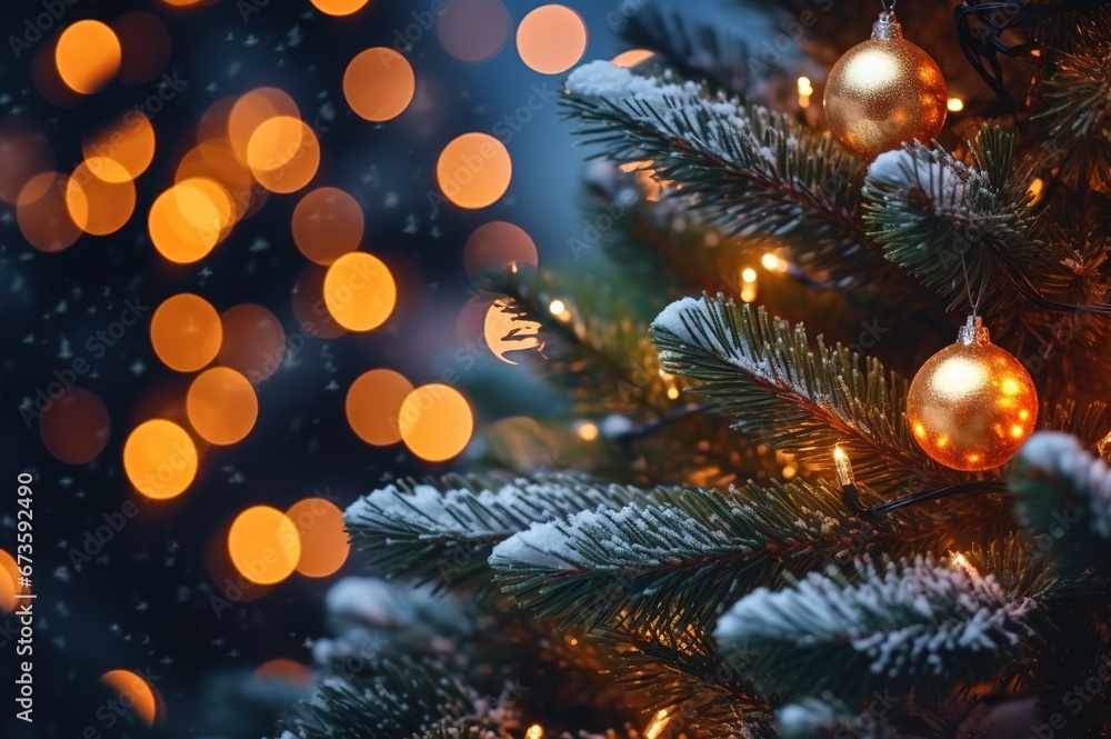 Close-up of beautiful Christmas tree decoration with glittering bokeh light