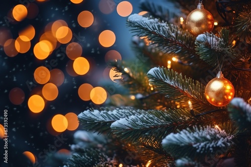 Close-up of beautiful Christmas tree decoration with glittering bokeh light