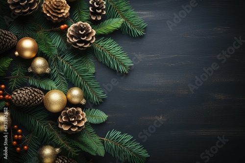 Top view of Christmas decoration banner background with pine branches with balls and stars on wooden planks or black wooden tables.