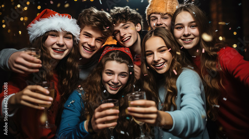 Group of Happy friends teenagers wearing Santa Claus costumes holding a glass of champion new year party