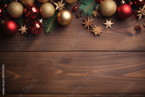 Top view of Christmas decoration banner background with pine branches and stars on a plank or dark wooden table. © Khomkrit