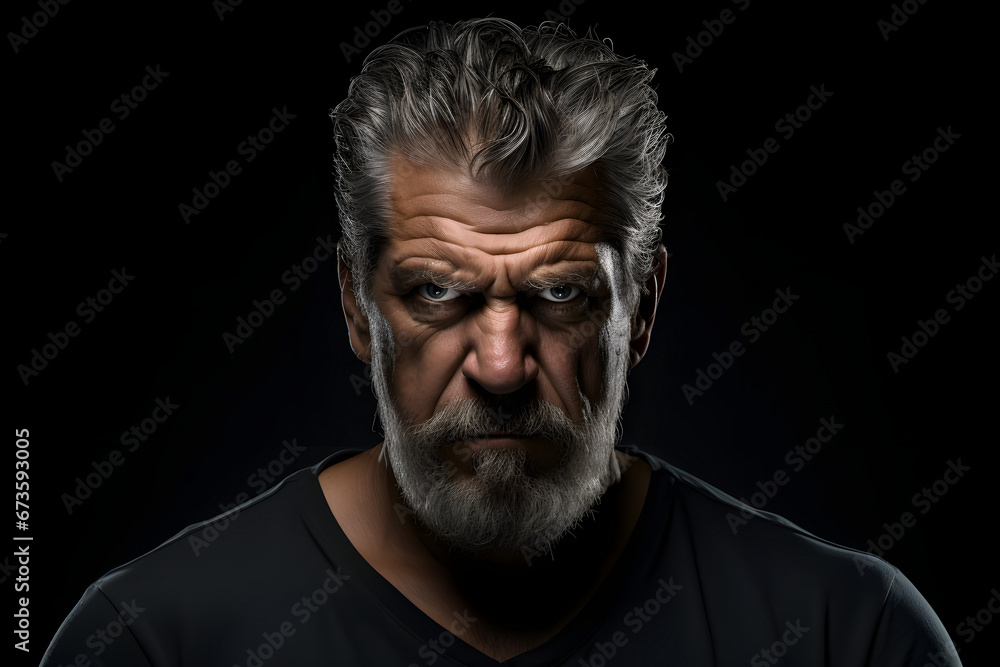 Angry mature Caucasian man, head and shoulders portrait on black background. Neural network generated photorealistic image. Not based on any actual person or scene.