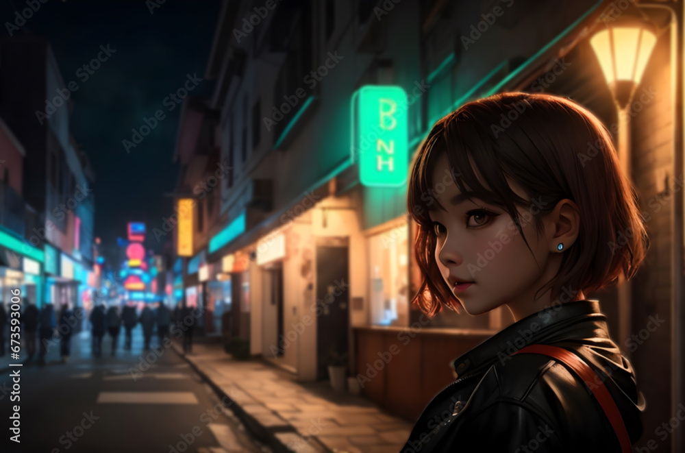 side view girl in night street city. beautiful girl in night street ai generated side view girl in night street city. beautiful girl in night street ai generated