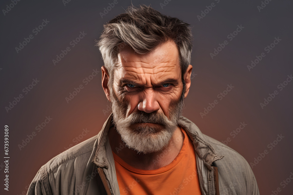 Angry mature Caucasian man, head and shoulders portrait on grey background. Neural network generated photorealistic image. Not based on any actual person or scene.