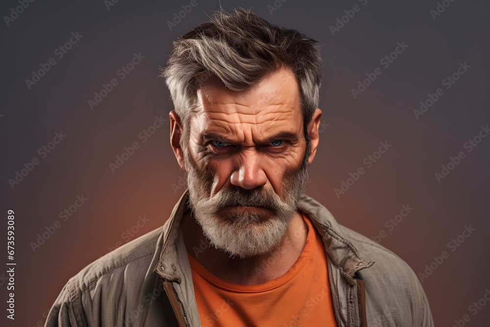 Angry mature Caucasian man, head and shoulders portrait on grey background. Neural network generated photorealistic image. Not based on any actual person or scene. Angry mature Caucasian man, head and shoulders portrait on grey background. Neural network generated photorealistic image. Not based on any actual person or scene.