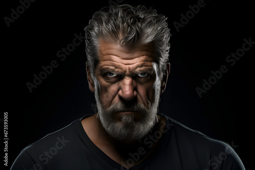 Angry mature Caucasian man, head and shoulders portrait on black background. Neural network generated photorealistic image. Not based on any actual person or scene.