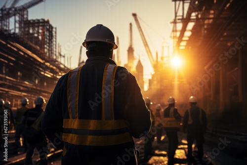 A civil engineer with safety equipment stands looking at the construction site. Generative AI.